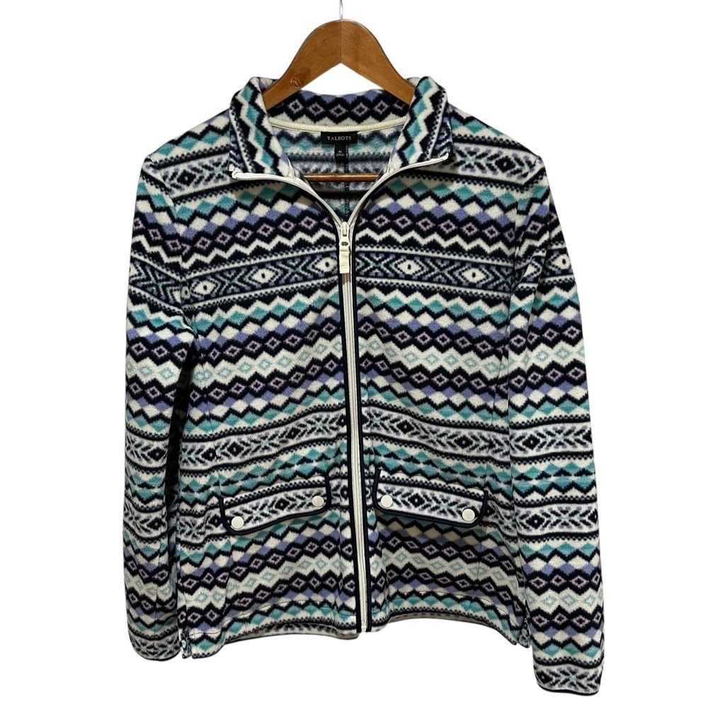 Talbots Jacket Womens Medium Fair Isle Fleece Full Zip Geometric Pockets